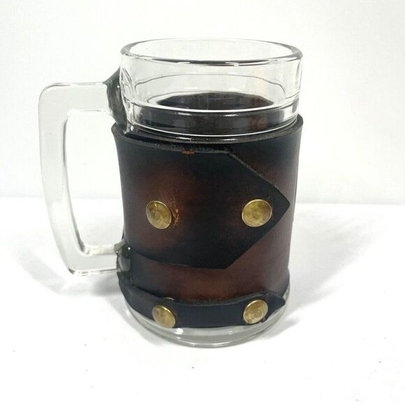 Vintage Label Budweiser 12 oz Glass Beer Mug Wrapped in Real Leather Patina EUC - Picture 3 of 6